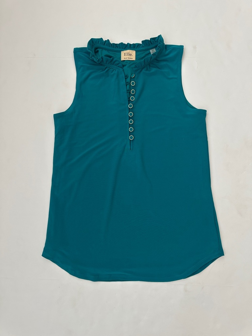 Elie Tahari Teal S Ruffle-Neck Henley Sleeveless Blouse Gold Buttons